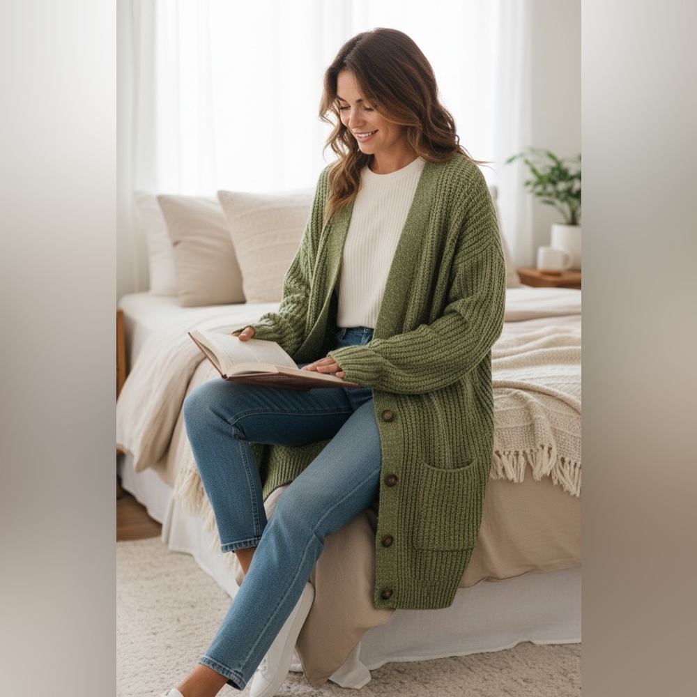 a.n.a. A New Approach Green Chunky Knit Button Front Cardigan Womens Size M